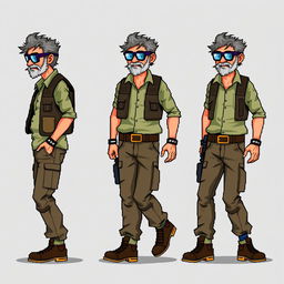 Series of frame-by-frame 16-bit pixel art character designs depicting a rugged, middle-aged scientist in a zombie apocalypse, designed to animate a walking motion