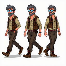 Series of frame-by-frame 16-bit pixel art character designs depicting a rugged, middle-aged scientist in a zombie apocalypse, designed to animate a walking motion