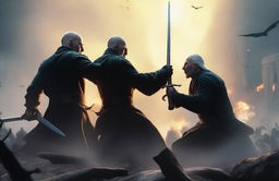 A dramatic scene depicting a fierce fight between Lord Voldemort, the sinister wizard from Harry Potter, and Geralt of Rivia, the skilled witcher with a sword in one hand and a sign on the other