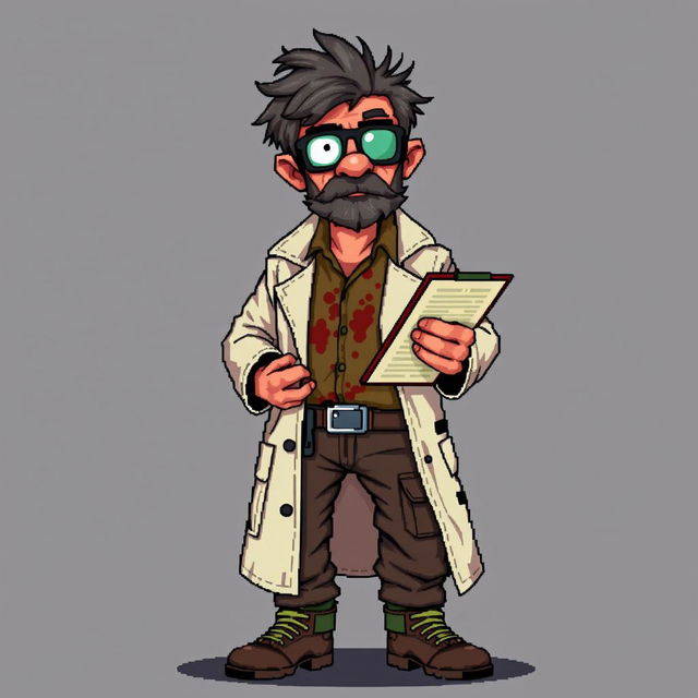 16-bit pixel art character design of a rugged middle-aged scientist in a zombie apocalypse