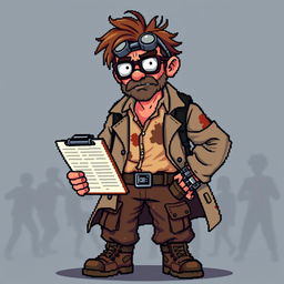 16-bit pixel art character design of a rugged middle-aged scientist in a zombie apocalypse