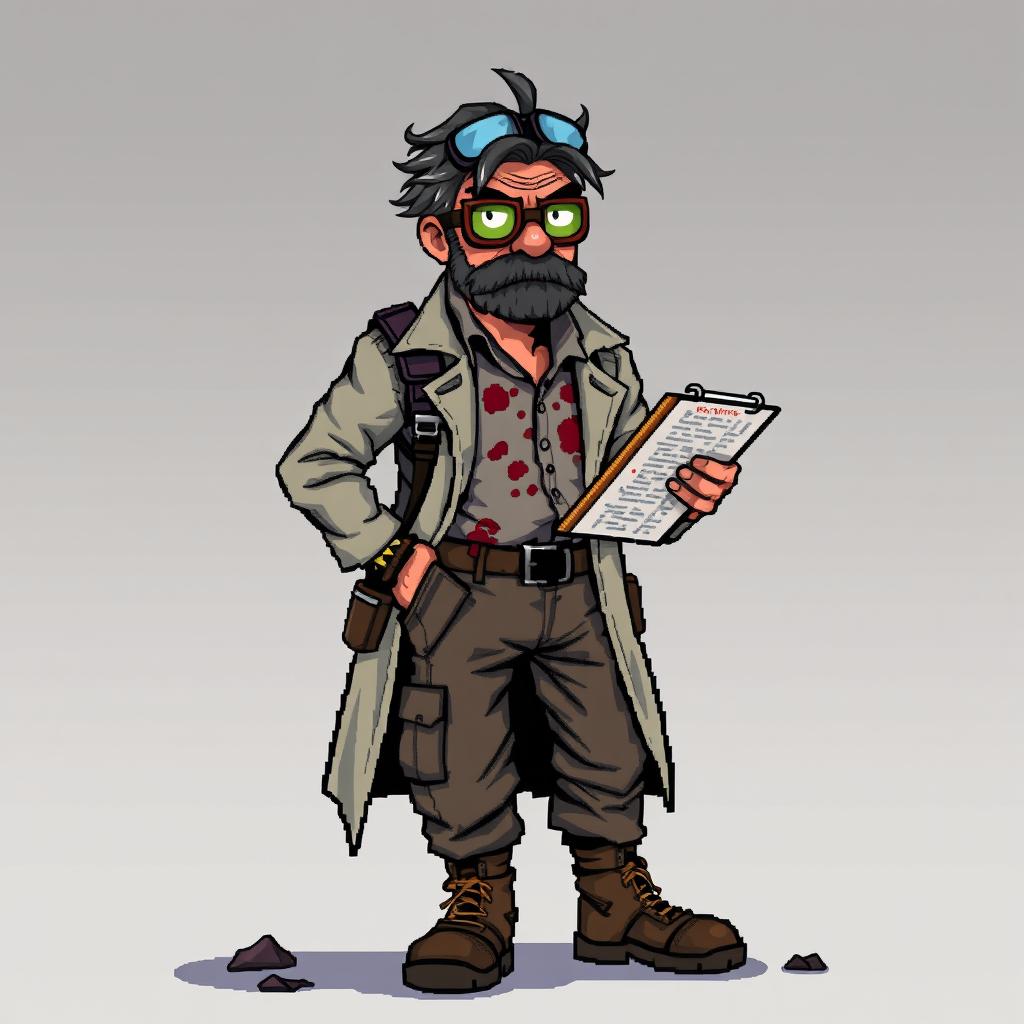 16-bit pixel art character design of a rugged middle-aged scientist in a zombie apocalypse