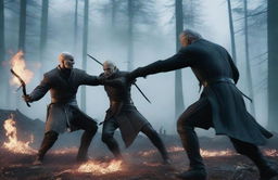 Reproduce the dramatic scene featuring the intense duel between Lord Voldemort, epitomizing dark magic, and Geralt of Rivia, showcasing Witcher prowess