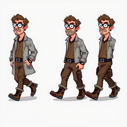 A series of frame-by-frame 16-bit pixel art character designs depicting a rugged middle-aged scientist walking, suitable for animation