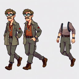 A series of frame-by-frame 16-bit pixel art character designs depicting a rugged middle-aged scientist walking, suitable for animation