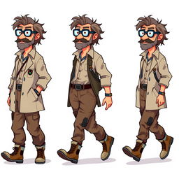 A series of frame-by-frame 16-bit pixel art character designs depicting a rugged middle-aged scientist walking, suitable for animation