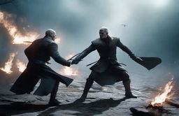 Reproduce the dramatic scene featuring the intense duel between Lord Voldemort, epitomizing dark magic, and Geralt of Rivia, showcasing Witcher prowess