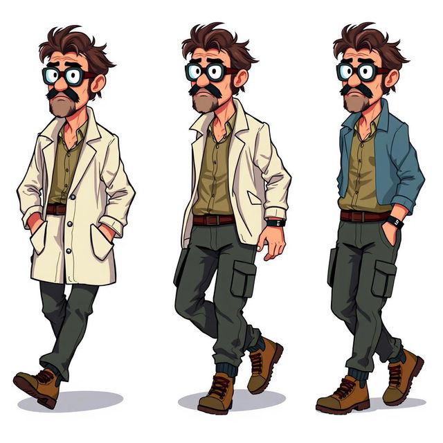 A series of frame-by-frame 16-bit pixel art character designs depicting a rugged middle-aged scientist walking, suitable for animation