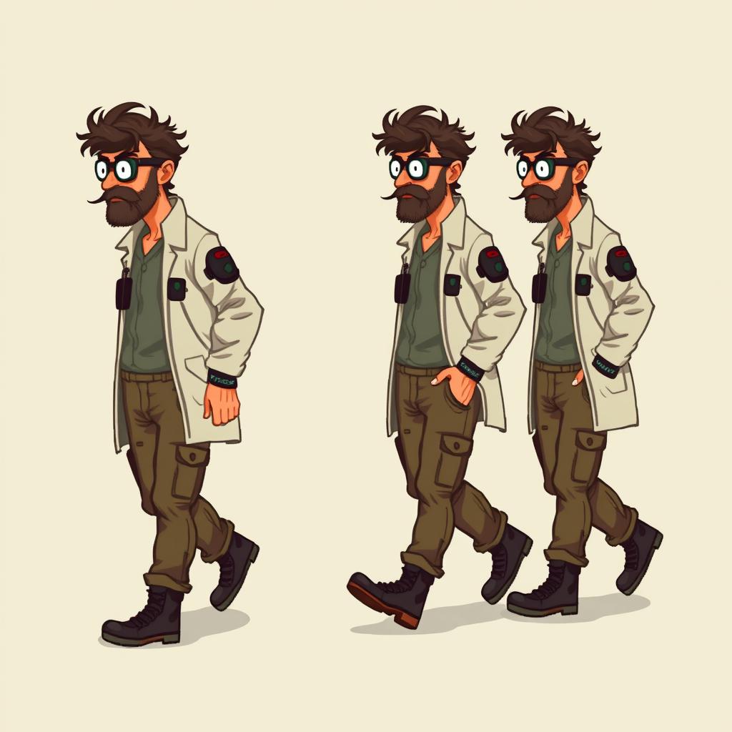 A series of frame-by-frame 16-bit pixel art character designs featuring a rugged middle-aged scientist, animated to appear as if he is walking