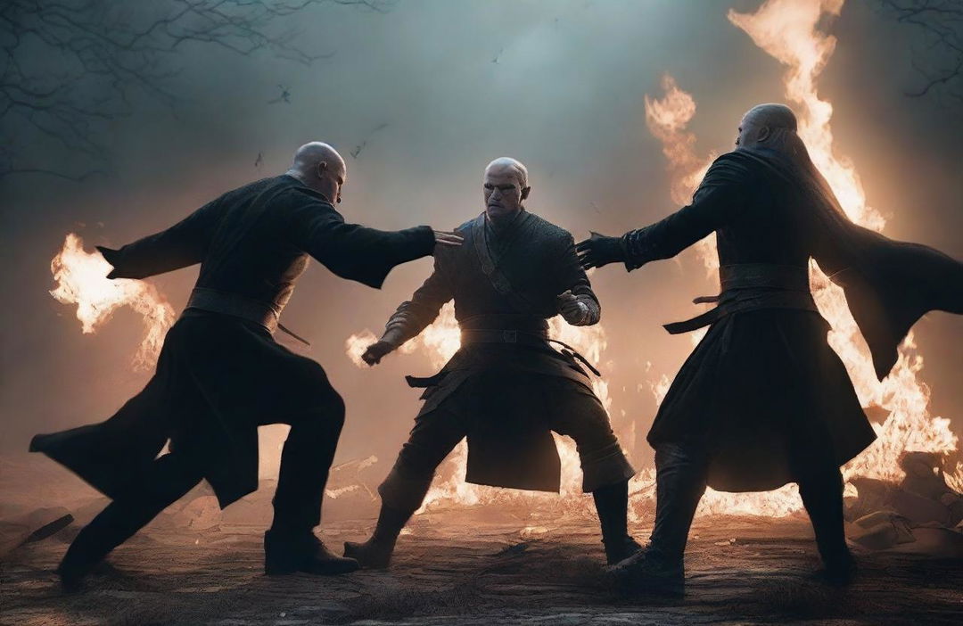 Reproduce the dramatic scene featuring the intense duel between Lord Voldemort, epitomizing dark magic, and Geralt of Rivia, showcasing Witcher prowess