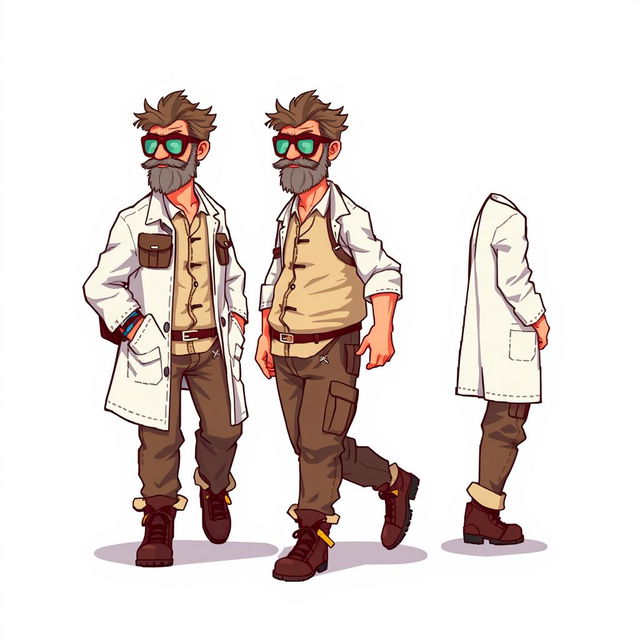 A series of frame-by-frame 16-bit pixel art character designs featuring a rugged middle-aged scientist, animated to appear as if he is walking