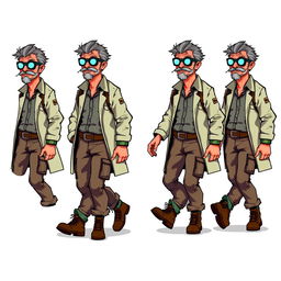A series of frame-by-frame 16-bit pixel art character designs featuring a rugged middle-aged scientist, animated to appear as if he is walking