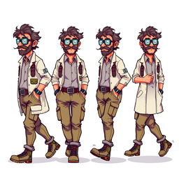 A series of frame-by-frame 16-bit pixel art character designs featuring a rugged middle-aged scientist, animated to appear as if he is walking