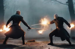 Reproduce the dramatic scene featuring the intense duel between Lord Voldemort, epitomizing dark magic, and Geralt of Rivia, showcasing Witcher prowess