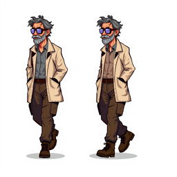 A series of frame-by-frame 16-bit pixel art designs depicting a rugged middle-aged scientist walking