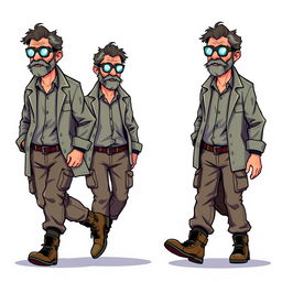 A series of frame-by-frame 16-bit pixel art designs depicting a rugged middle-aged scientist walking