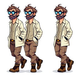 A series of frame-by-frame 16-bit pixel art designs depicting a rugged middle-aged scientist walking