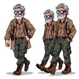 A series of frame-by-frame 16-bit pixel art designs depicting a rugged middle-aged scientist walking