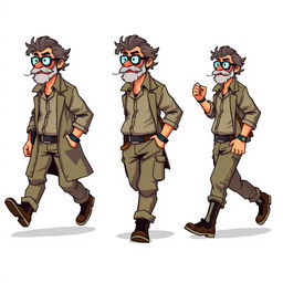 A series of frame-by-frame pixel art designs depicting a rugged middle-aged scientist walking, suitable for animation