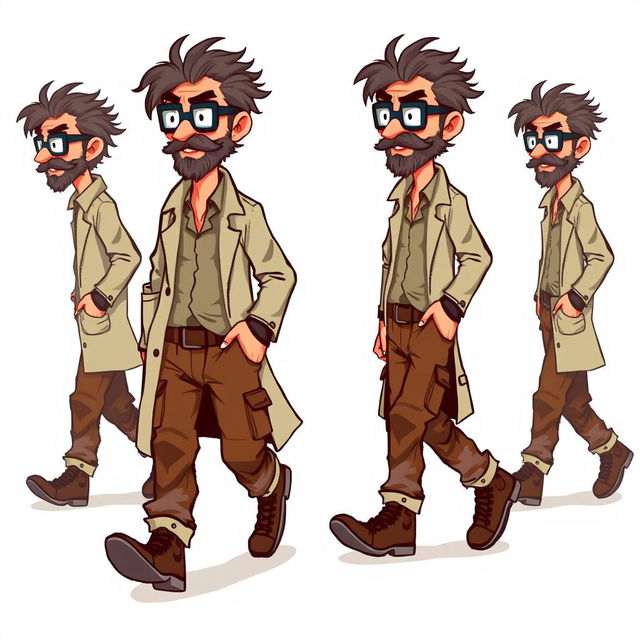 A series of frame-by-frame pixel art designs depicting a rugged middle-aged scientist walking, suitable for animation