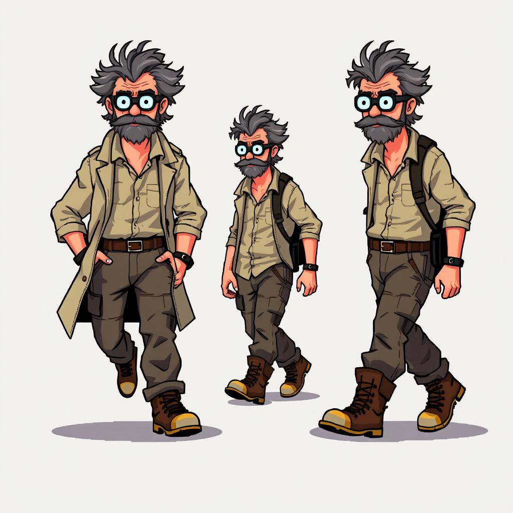 A series of frame-by-frame pixel art designs depicting a rugged middle-aged scientist walking, suitable for animation