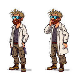 A series of frame-by-frame 16-bit pixel art animations depicting a rugged middle-aged scientist idling