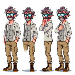 A series of frame-by-frame 16-bit pixel art animations depicting a rugged middle-aged scientist idling