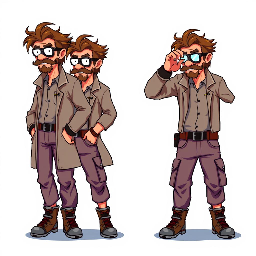 A series of frame-by-frame 16-bit pixel art animations depicting a rugged middle-aged scientist idling