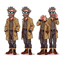 A series of frame-by-frame 16-bit pixel art animations depicting a rugged middle-aged scientist idling