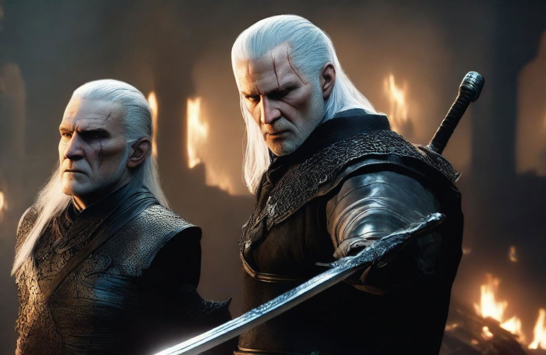 Show a close-up of a tense confrontation with Geralt of Rivia on the right, sword poised to strike, and Lord Voldemort on the left, wand in hand, ready to cast a spell, indicating an imminent clash between these characters