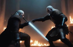 Show a close-up of a tense confrontation with Geralt of Rivia on the right, sword poised to strike, and Lord Voldemort on the left, wand in hand, ready to cast a spell, indicating an imminent clash between these characters