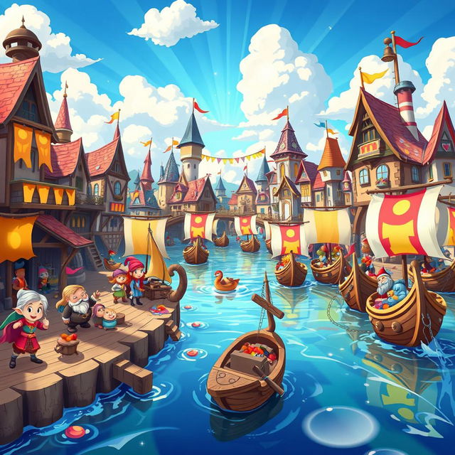 A vibrant fantasy cartoon scene depicting a whimsical port filled with colorful, magical ships