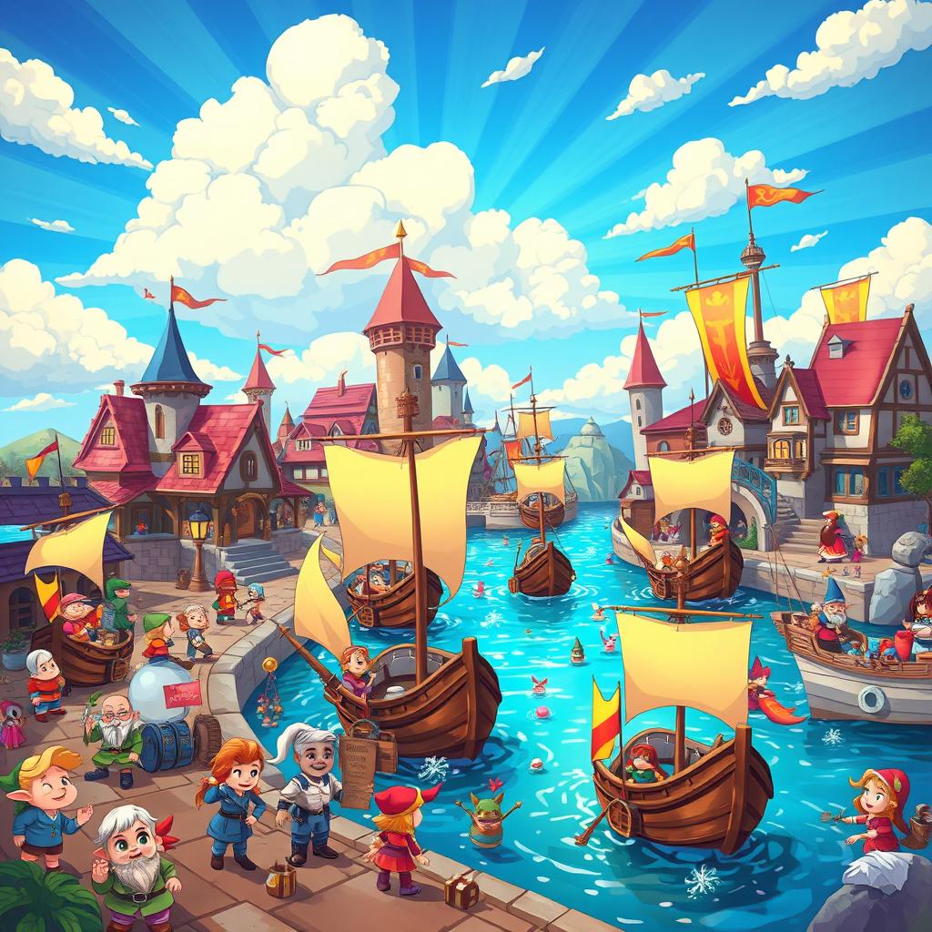 A vibrant fantasy cartoon scene depicting a whimsical port filled with colorful, magical ships