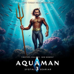 A dynamic movie poster for the upcoming film "Aquaman 3 (2025)" featuring Timothée Chalamet as a new character and Jason Momoa reprising his role as Aquaman