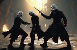 Show a close-up of a tense confrontation with Geralt of Rivia on the right, sword poised to strike, and Lord Voldemort on the left, wand in hand, ready to cast a spell, indicating an imminent clash between these characters