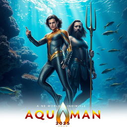 A dynamic movie poster for the upcoming film "Aquaman 3 (2025)" featuring Timothée Chalamet as a new character and Jason Momoa reprising his role as Aquaman