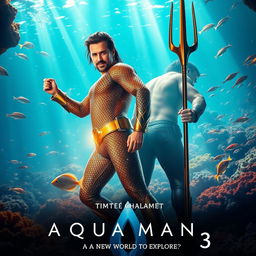 A dynamic movie poster for the upcoming film "Aquaman 3 (2025)" featuring Timothée Chalamet as a new character and Jason Momoa reprising his role as Aquaman