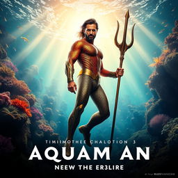 A dynamic movie poster for the upcoming film "Aquaman 3 (2025)" featuring Timothée Chalamet as a new character and Jason Momoa reprising his role as Aquaman