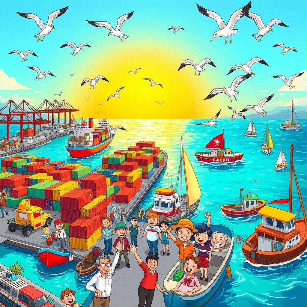 A vibrant and whimsical cartoon-style depiction of a busy port scene