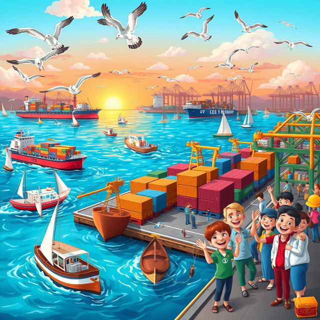 A vibrant and whimsical cartoon-style depiction of a busy port scene