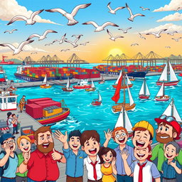 A vibrant and whimsical cartoon-style depiction of a busy port scene