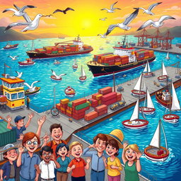 A vibrant and whimsical cartoon-style depiction of a busy port scene
