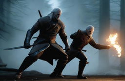 Show a close-up of a tense confrontation with Geralt of Rivia on the right, sword poised to strike, and Lord Voldemort on the left, wand in hand, ready to cast a spell, indicating an imminent clash between these characters