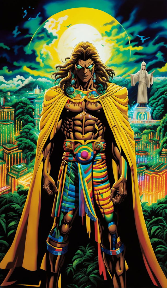 Anime-style poster in 32k HD featuring a Brazilian-themed villain with glowing yellow eyes, traditional clothing fused with futuristic armor, and a weapon resembling a high-tech Capoeira berimbau