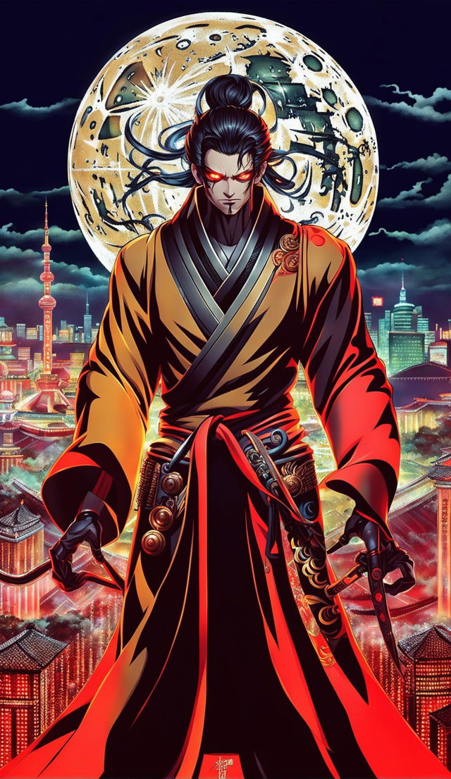 Anime-style poster in 32k HD featuring a Chinese-themed villain with glowing red eyes, traditional clothing fused with futuristic armor, and a weapon resembling a high-tech Guandao