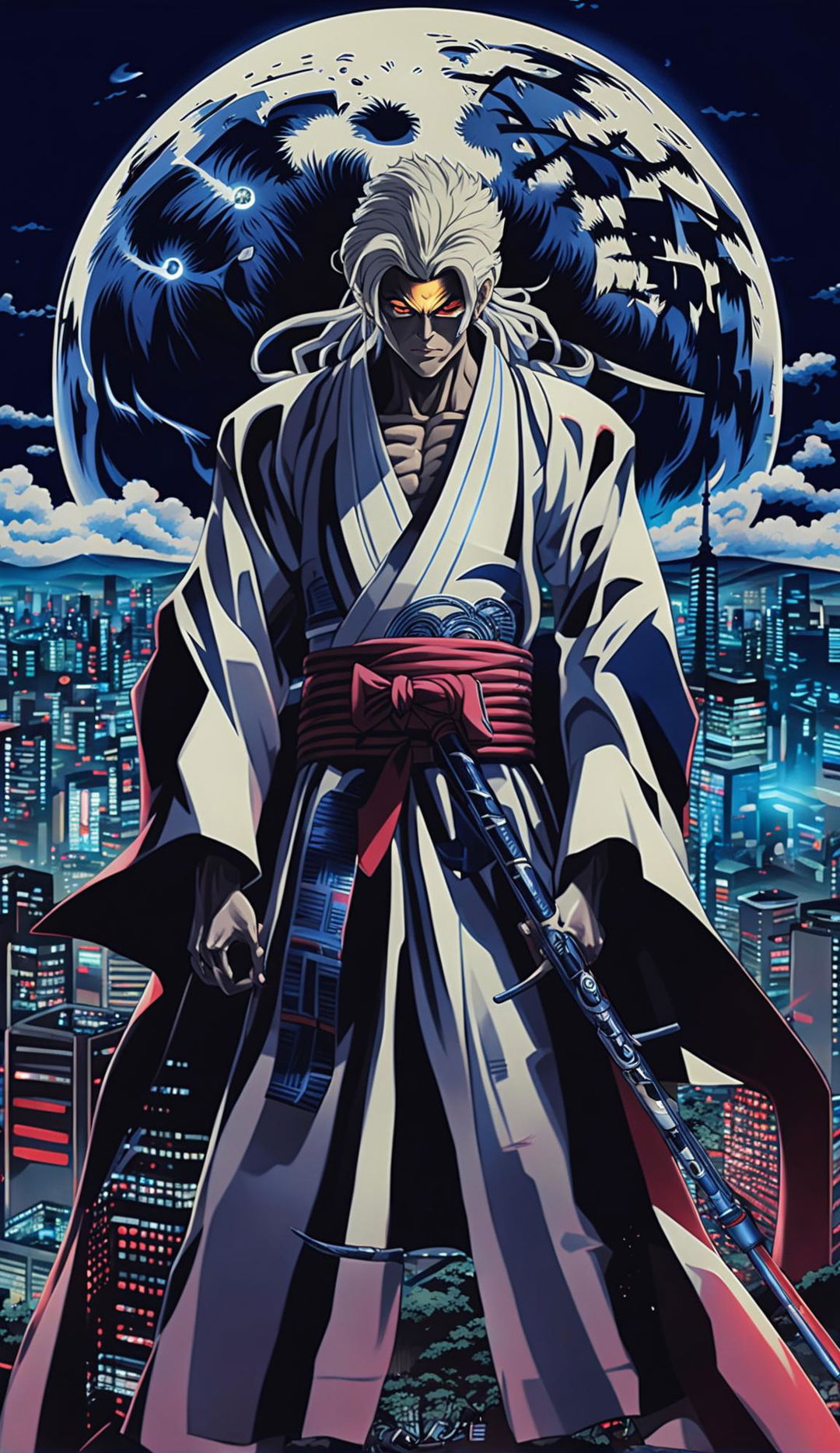 Anime-style poster in 32k HD featuring a Japanese-themed villain with glowing blue eyes, traditional clothing fused with futuristic armor, and a weapon resembling a high-tech katana