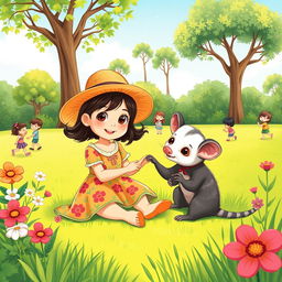 A charming illustration featuring a friendly saruê (opossum) sitting beside a young girl in a colorful park setting
