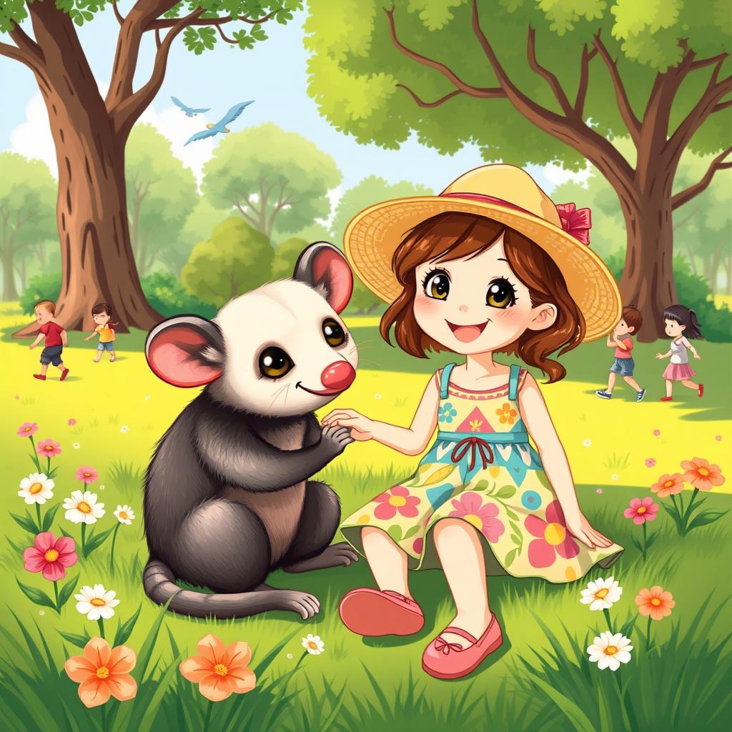 A charming illustration featuring a friendly saruê (opossum) sitting beside a young girl in a colorful park setting