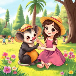 A charming illustration featuring a friendly saruê (opossum) sitting beside a young girl in a colorful park setting