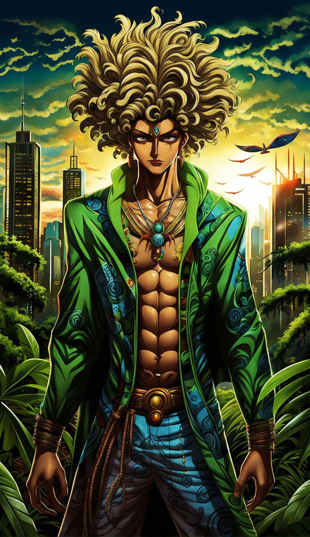 Anime-style Brazilian villain in vibrant traditional attire against a backdrop of São Paulo skyscrapers and Amazon rainforest in a 32k HD poster